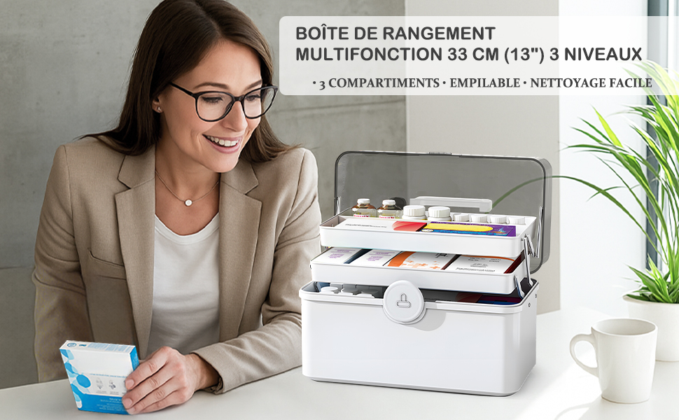 Caja de almacenamiento de escritorio blanca etiquetada como 