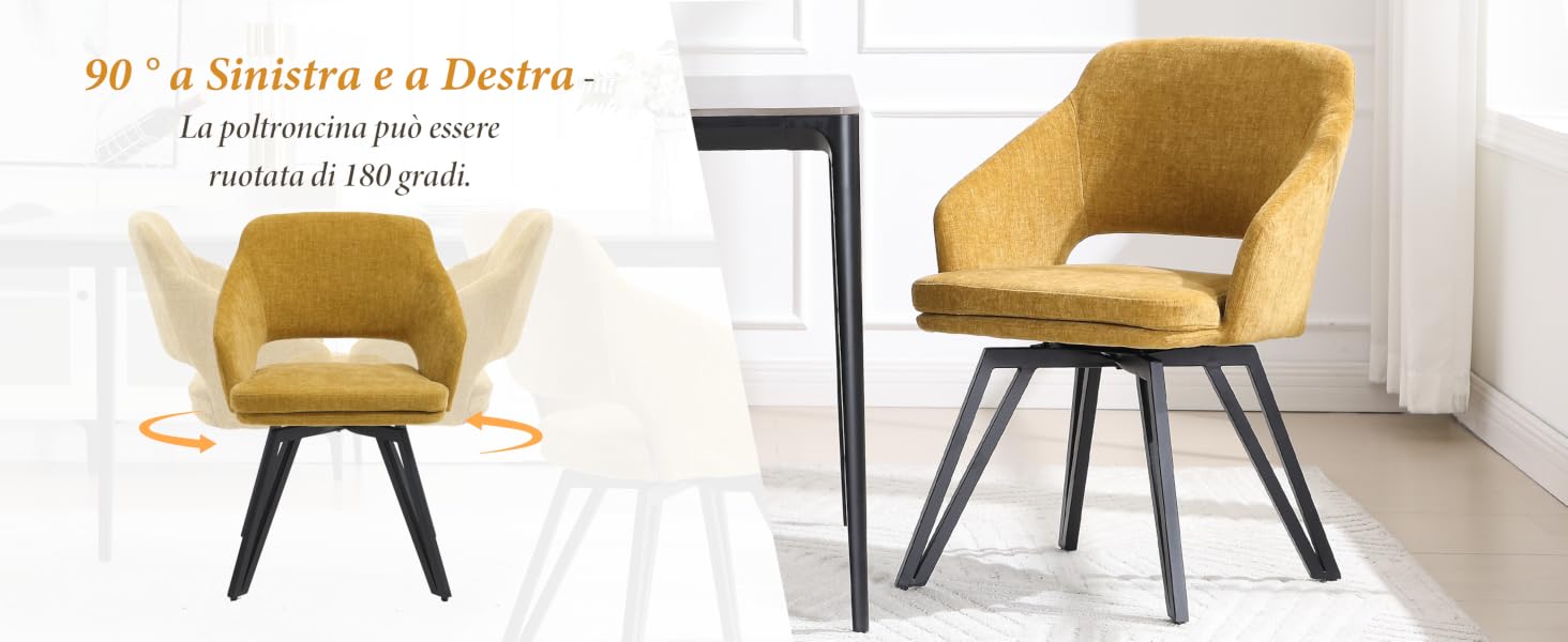 Il testo recita «90° a Sinistra e a Destra». Vedute multiple di una sedia imbottita color giallo senape con gambe in metallo nero mostrata da diverse angolazioni.