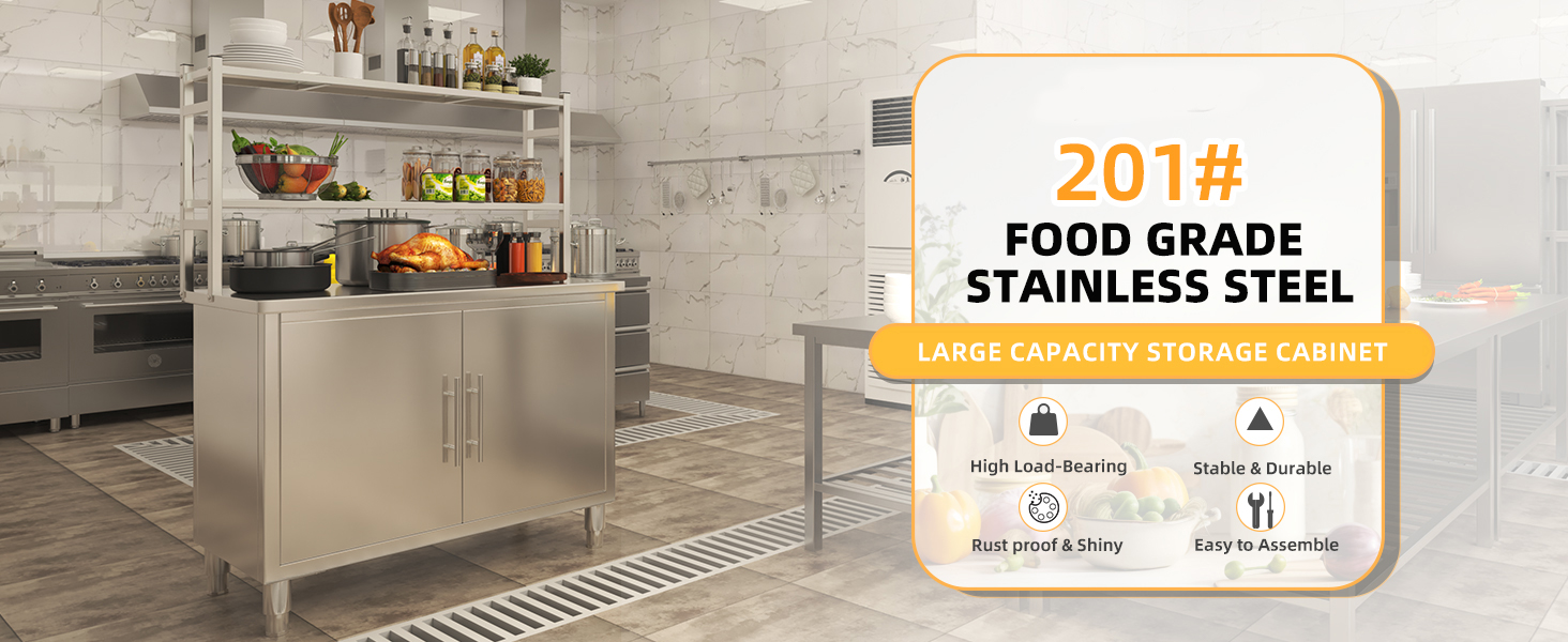 Text reads 'FOOD GRADE STAINLESS STEEL' '201#' 'LARGE CAPACITY STORAGE CABINET'. Multiple views of commercial stainless steel kitchen storage cabinets with shelving units.
