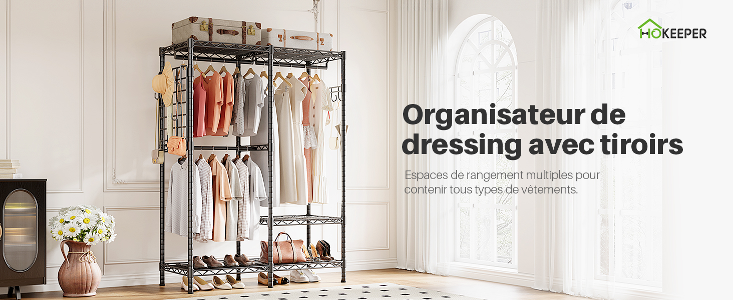 Le texte se lit comme suit : « Organisateur de dressing avec tiroirs ». Système d'organisation de placard intérieur ou de garde-robe avec plusieurs compartiments et espaces de suspension.