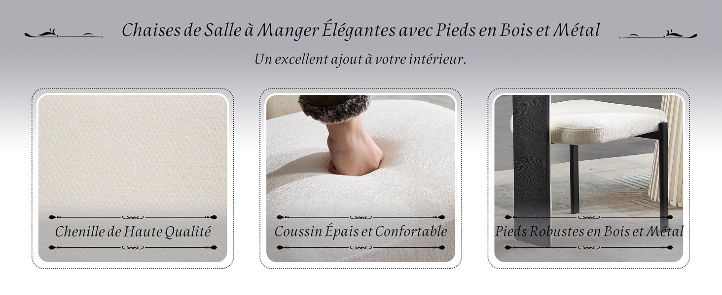 Le texte se lit comme suit : « Chaises de Salle à Manger Élégantes avec Pieds en Bois et Métal ». Série de chaises de salle à manger avec construction en métal et en bois présentée dans une présentation de style catalogue.