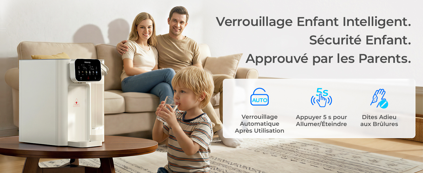 Le texte indique « Verrouillage Enfant Intelligent ». Sécurité Enfant. Approuvé par les Parents. » Dispositif de sécurité domestique intelligent illustré avec un écran d'interface et des icônes de surveillance.