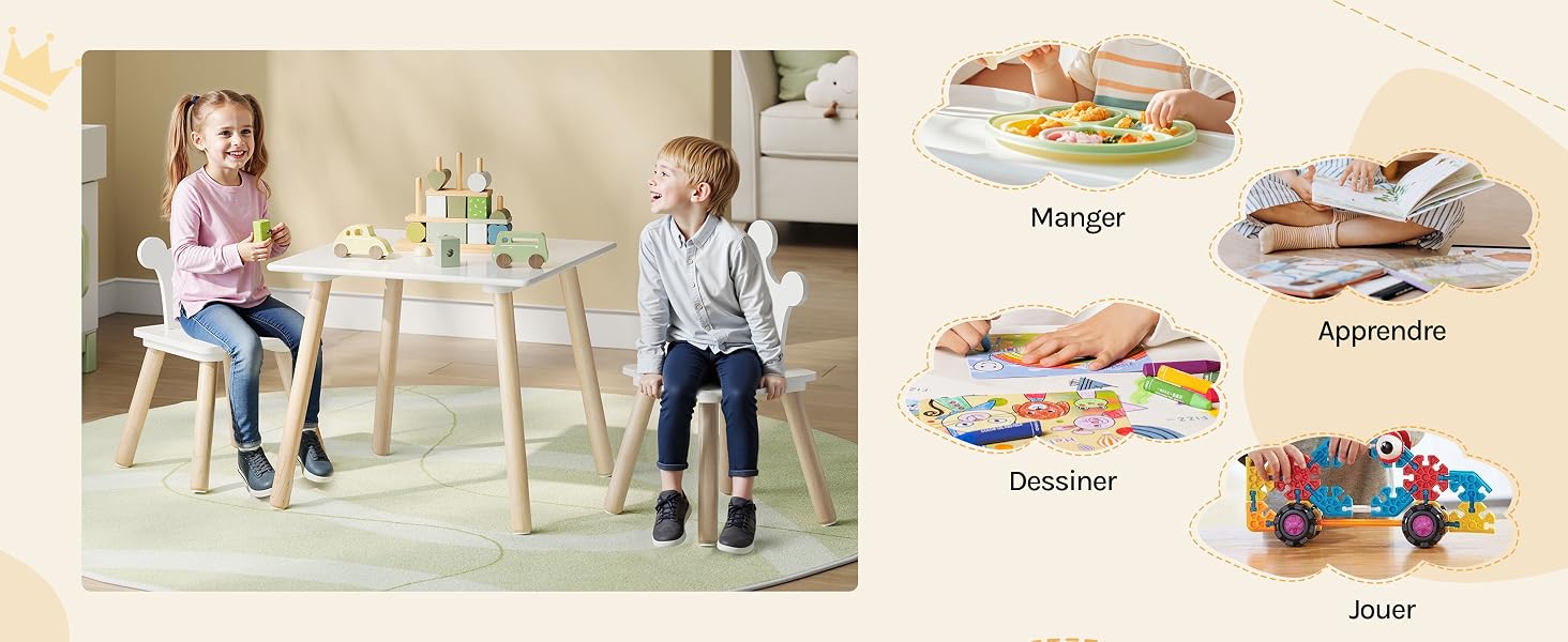 Montage d'images de démonstration de produits montrant des jouets en bois pour enfants et des meubles de jeu dans différentes configurations avec des couleurs neutres et un design moderne.