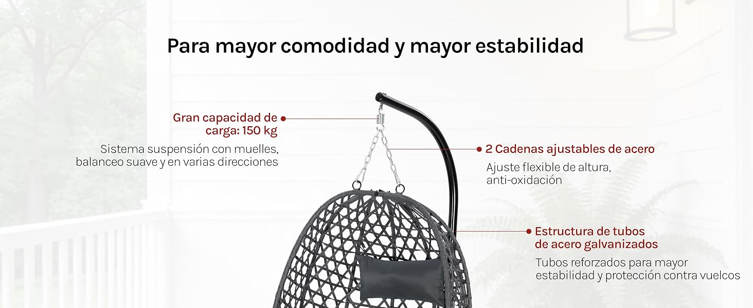 El texto dice «Para mayor comodidad y mayor estabilidad». Diagrama técnico que muestra los puntos de fijación de la silla colgante y la estructura de soporte con anotaciones en texto en español.