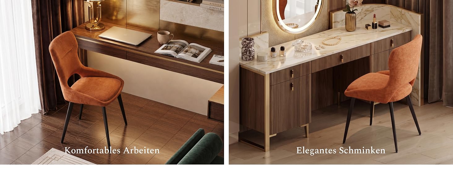 Zwei Innenraumszenen nebeneinander, die Holzschreibtische mit orangefarbenen Stühlen zeigen. Links beschriftet mit „Modern &amp; Simple“, rechts mit „Elegant &amp; Luxurious“ beschriftet. Demonstriert den Stil von Möbeln in verschiedenen Heimbüros.
