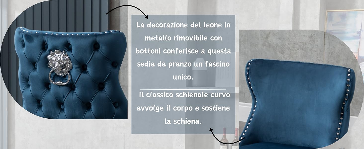 Due poltrone trapuntate, una blu e una grigia, con bordo decorativo in chiodo. La sovrapposizione del testo in italiano descrive la decorazione a bottoni in metallo