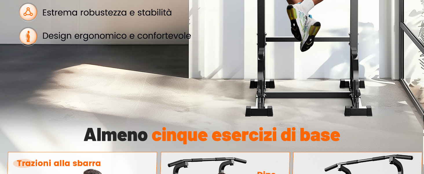 Diagramma tecnico didattico che mostra l'attrezzatura per esercizi con diverse visualizzazioni e specifiche di quella che sembra essere una configurazione per trazioni o barre per esercizi con dettagli di montaggio.