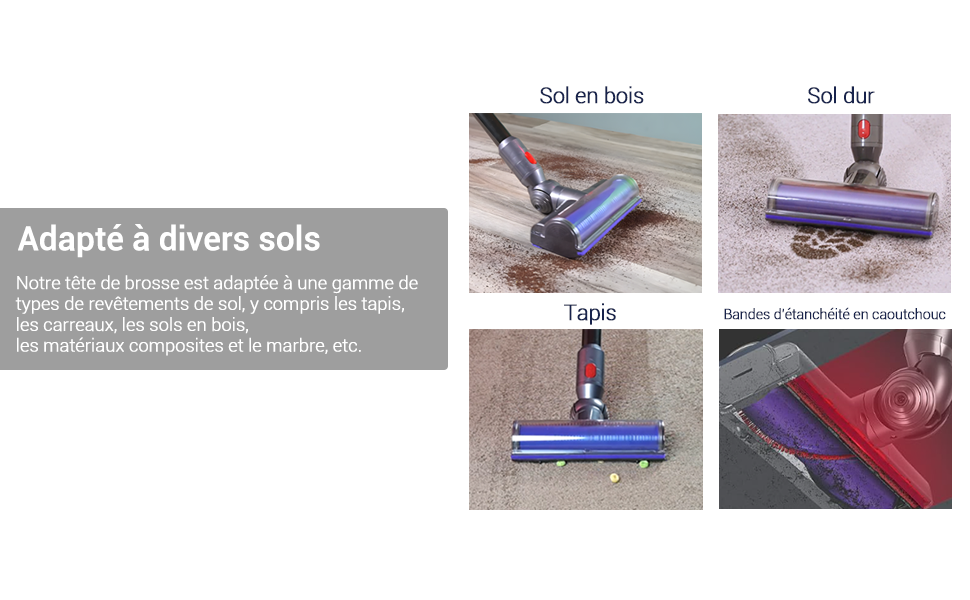 Demostración de producto de varios paneles que muestra el cabezal de la aspiradora utilizado en diferentes superficies de suelo, incluyendo alfombras y madera dura