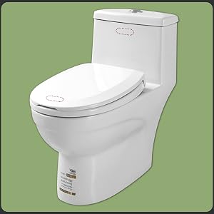 White one-piece toilet with elongated bowl and tank, featuring a soft-close lid. Red ovals highlight specific areas on the seat and tank lid.