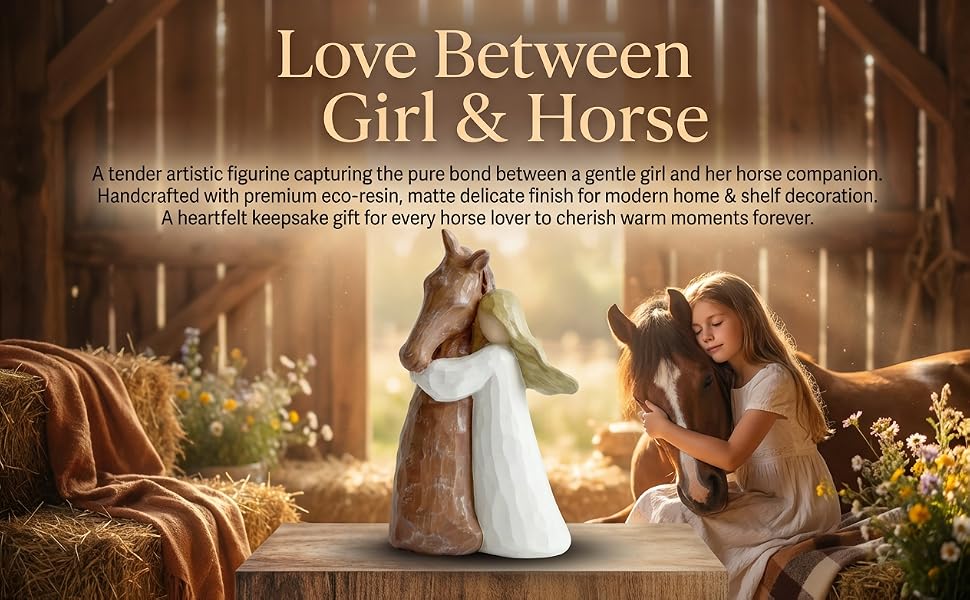 Text reads 'Love Between Girl &amp; Horse'. Series of artistic photographs showing equestrian scenes in warm, golden lighting.
