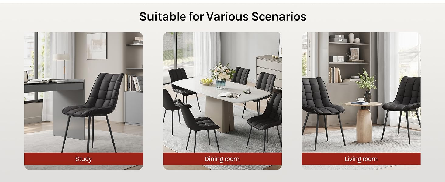 Text reads 'Suitable for Various Scenarios'. Collection of modern dining chairs in gray and black shown in different office and dining settings.