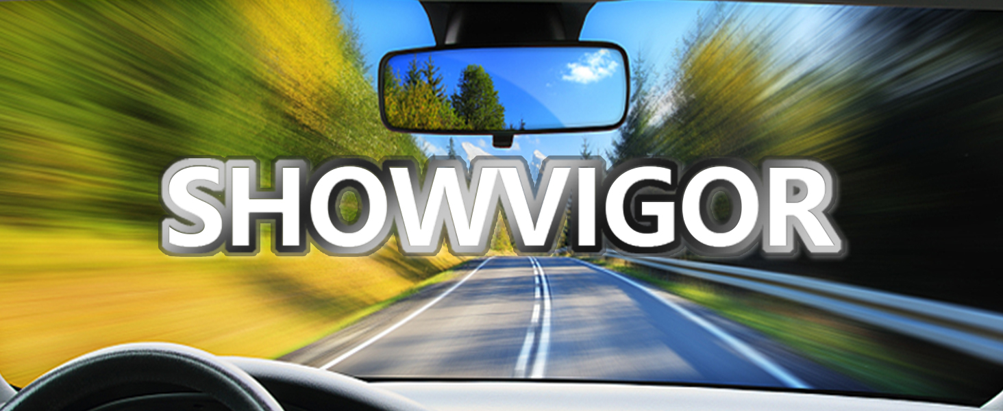 Text reads 'SHOWVIGOR'. Dynamic marketing images showing car dashboard with motion blur effect and white text overlay.