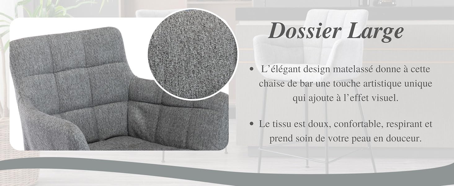 avec dossier et assise capitonnés. Gros plan de la texture du tissu montrée dans un encart circulaire. Le texte français décrit les caractéristiques de la chaise.