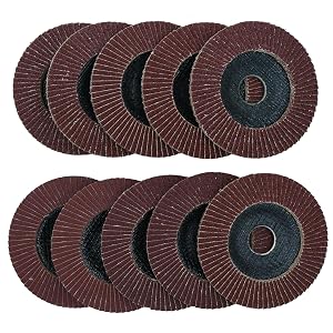 Set of ten burgundy/maroon flap discs with dark center hubs arranged in two rows of five, abrasive grinding wheels for power tools.