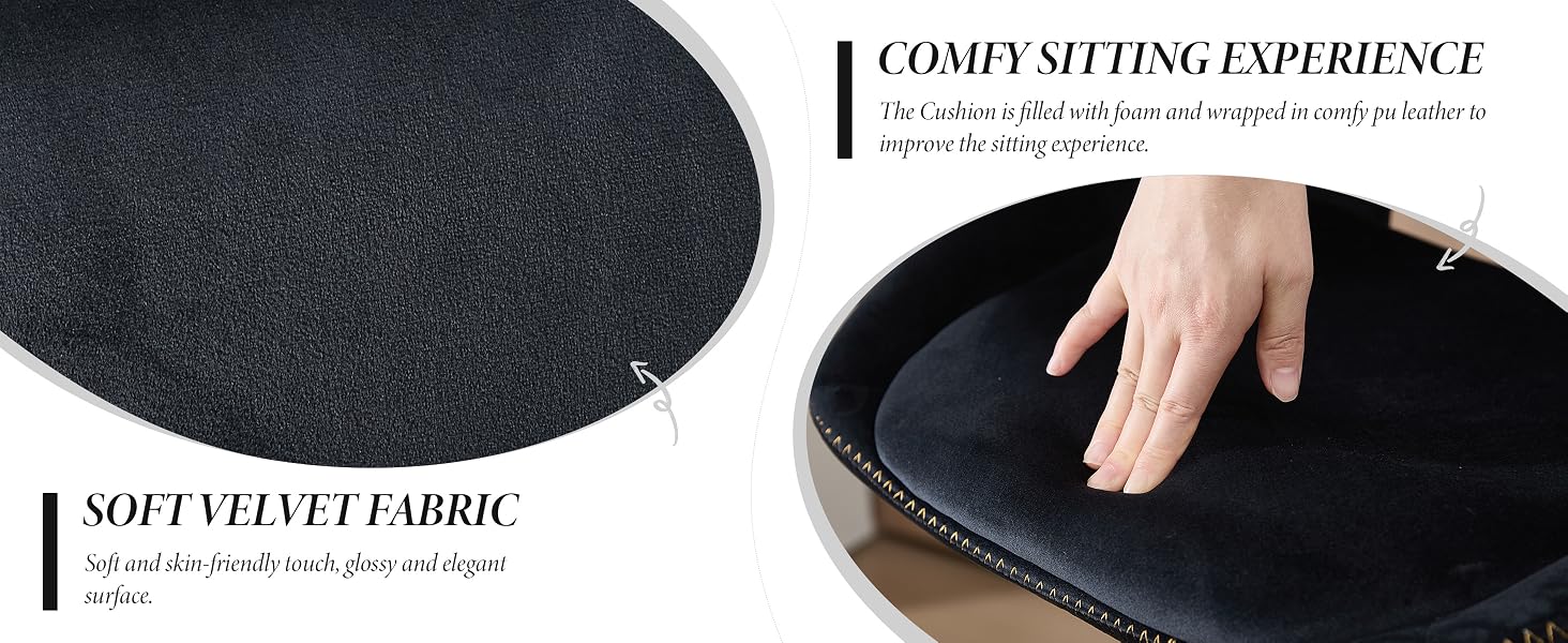 Text reads 'COMED SITTING EXPERIENCE'. Modern dark sofa or couch with plush, textured fabric upholstery shown in close-up detail.