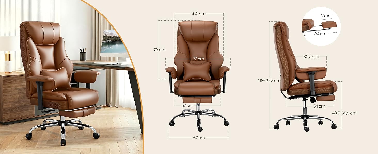 Serie de imágenes que muestran sillas de oficina ejecutivas de cuero marrón desde diferentes ángulos, con características reclinables y ergonómicas.