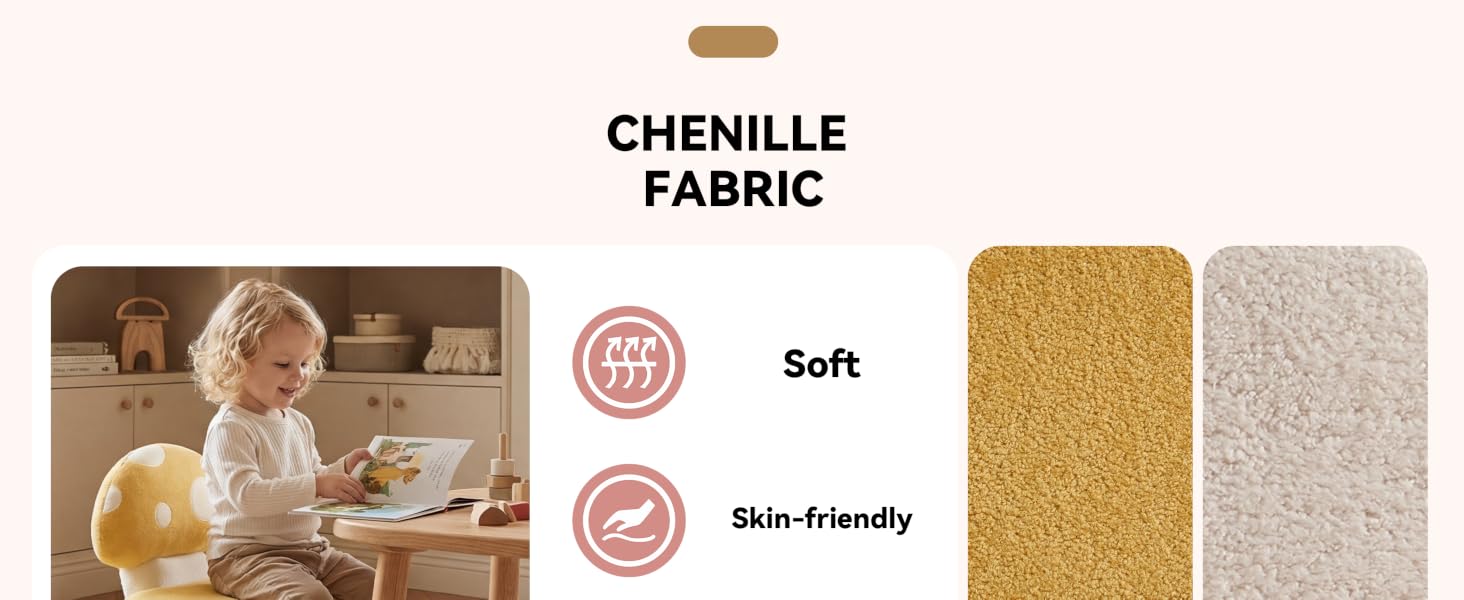 Text reads: 'CHENILLE FABRIC' and 'Soft skin-friendly'. Product showcase featuring beige and golden fabric swatches with interior setting photographs.
