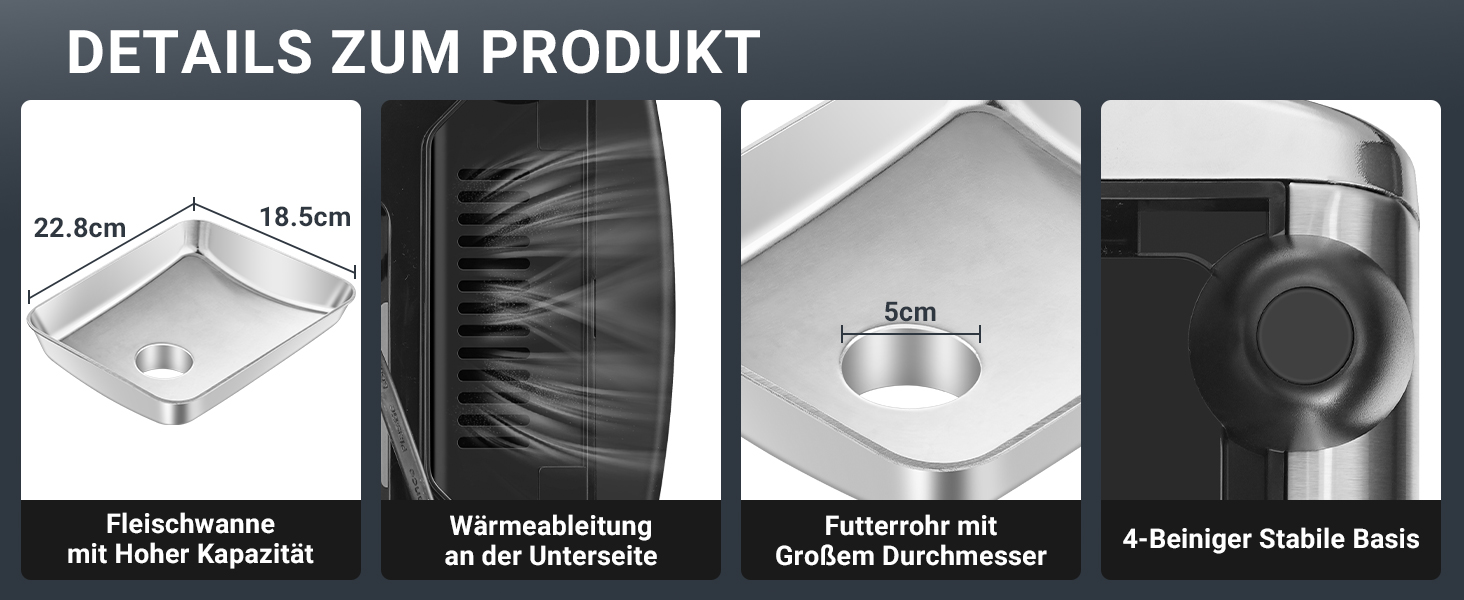 Produktspezifikationsdiagramm mit Abmessungen und Merkmalen einer Fleischschale mit Wärmespeicherung, Drainagelöchern und stabilem 4-Punkt-Boden