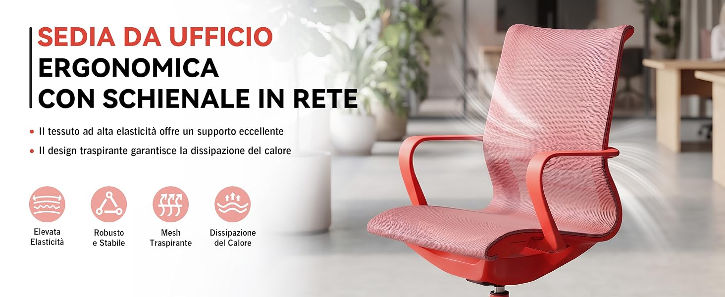 Il testo recita 'SEDIA DA UFFICIO ERGONOMICA CON SCHIENALE IN RETE'. Sedia da ufficio in rete rossa con design ergonomico mostrato nelle impostazioni del prodotto con le specifiche.