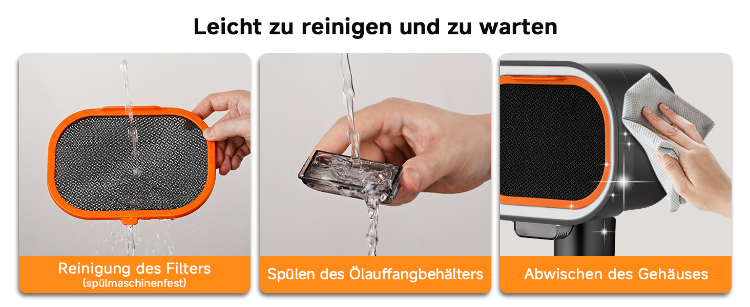Der Text lautet „Leicht zu reinigen und zu warten“. Anleitungsdiagramm mit den Reinigungs- oder Wartungsschritten für ein Produkt, das in aufeinanderfolgenden Feldern angezeigt wird.