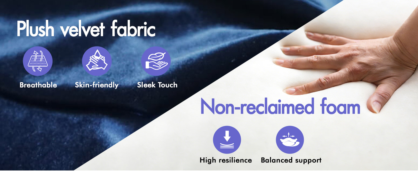Text reads "Plush velvet fabric" and "Non-reclaimed foam". Blue plush velvet fabric swatch being touched by hand. Icons indicate breathability, noise reduction, and supportive properties of material construction.