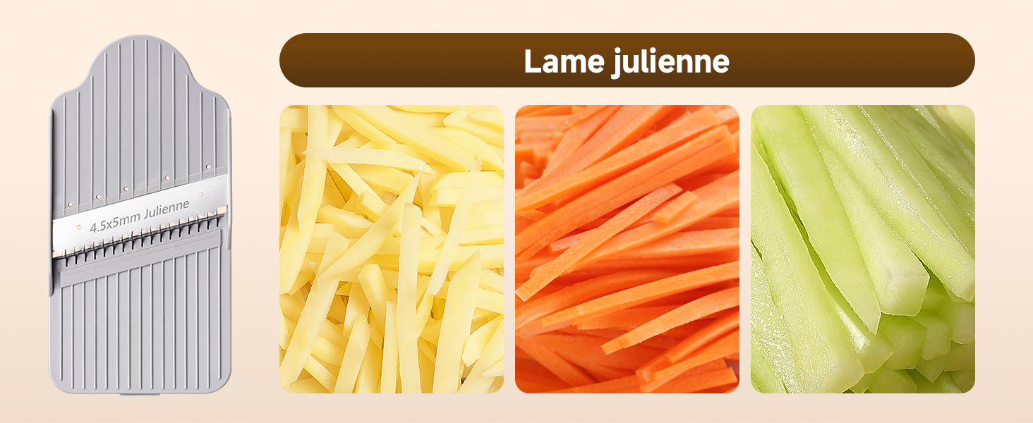 Le texte indique « Lame julienne ». Série d'images montrant des légumes en julienne de couleurs jaune, orange et vert clair avec un outil de coupe métallique.