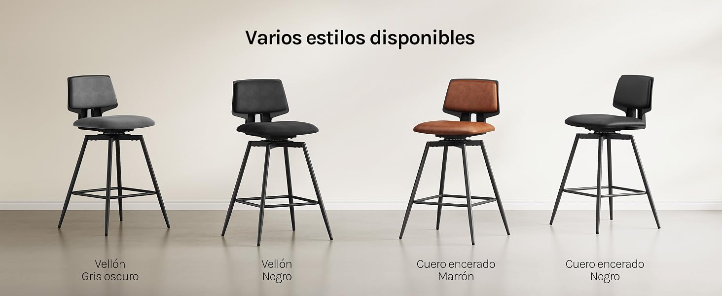 El texto dice «Varios estilos disponibles». Cuatro estilos diferentes de taburetes de bar modernos se muestran uno al lado del otro sobre un fondo neutro.
