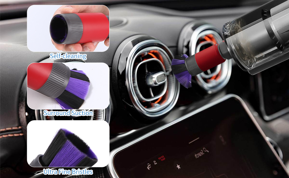 avec composants rouges et violets, conçu pour s'adapter entre les lamelles de ventilation pour un nettoyage détaillé