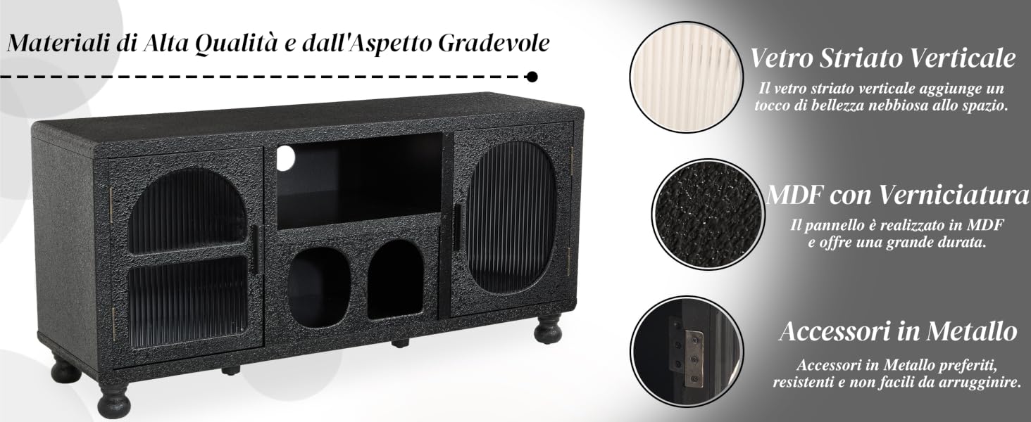 Testo: 'Materiali di Una Qualità e dall'Aspetto Gradevole', 'Vetro Strato Verticale'. Diagramma tecnico del prodotto che mostra i componenti metallici e le sezioni trasversali dei pannelli di vetro.