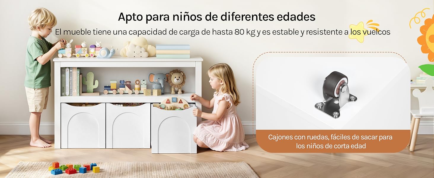 El texto dice: «Apto para niños de diferentes edades». Se muestra a niños de diferentes edades jugando con juguetes y cámaras cerca de muebles de almacenamiento blancos, lo que demuestra que el uso del producto es apropiado para su edad.