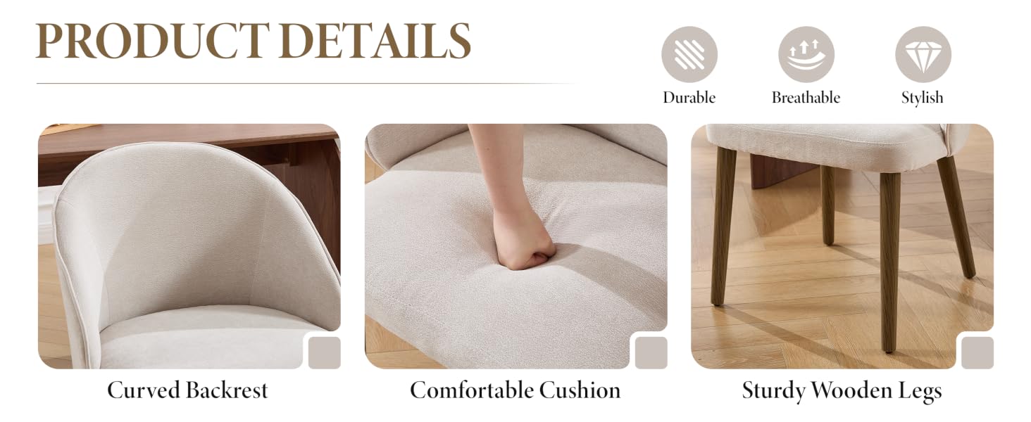 Text reads 'PRODUCT DETAILS', 'Curved Backrest', 'Comfortable Cushion', 'Sturdy Wooden Legs'.