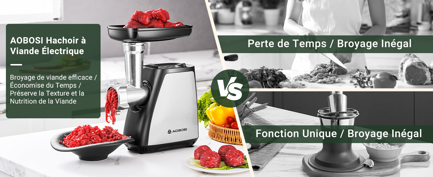 . À gauche : hachoir à viande rouge. À droite : robot culinaire avec légumes. Le texte décrit les fonctions polyvalentes et permettant de gagner du temps