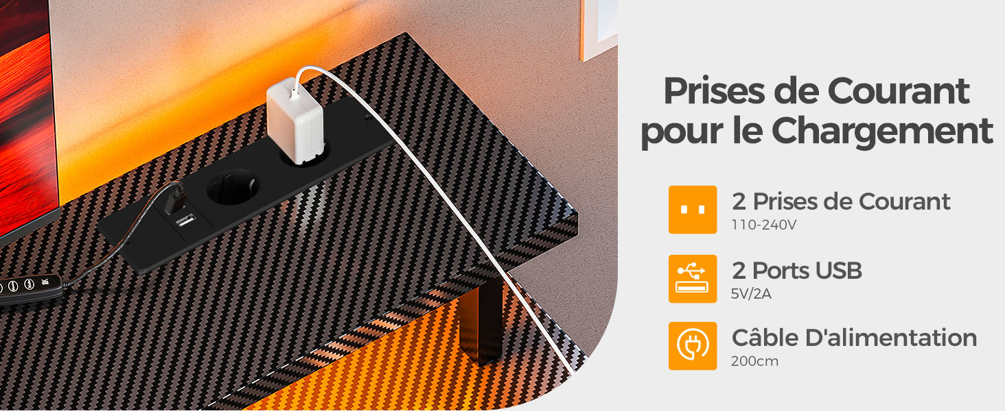 Gros plan d'une borne de recharge avec motif en fibre de carbone. Dispose de deux prises électriques, de deux ports USB et d'un câble d'alimentation. Le texte décrit les capacités de recharge en français.