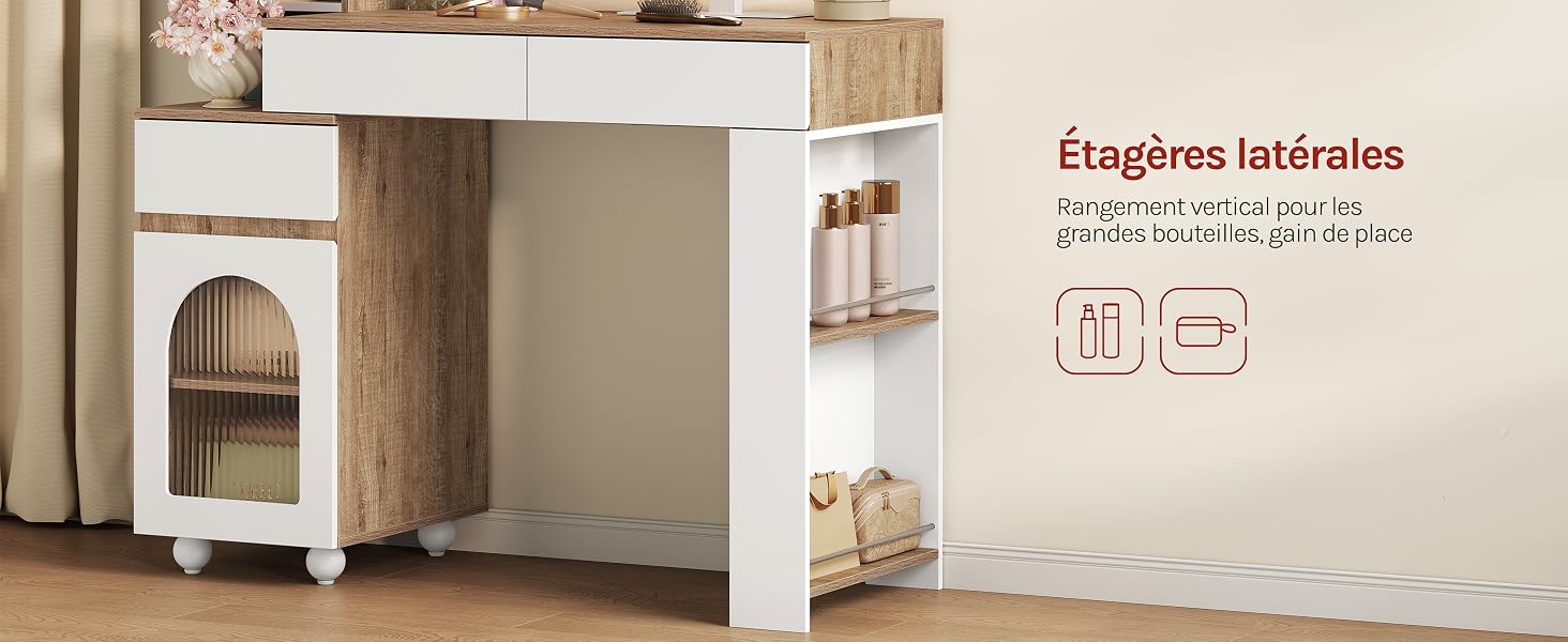 Le texte indique « Étagères latérales » avec des icônes d'assemblage. Armoire de rangement blanche au fini grain de bois avec compartiments ouverts et compartiments de rangement intégrés.