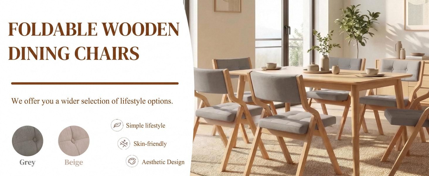 Text reads 'FOLDABLE WOODEN DINING CHAIRS' with color swatches labeled 'Gray' and 'Beige,' showing folded wooden chair designs in modern interior setting.