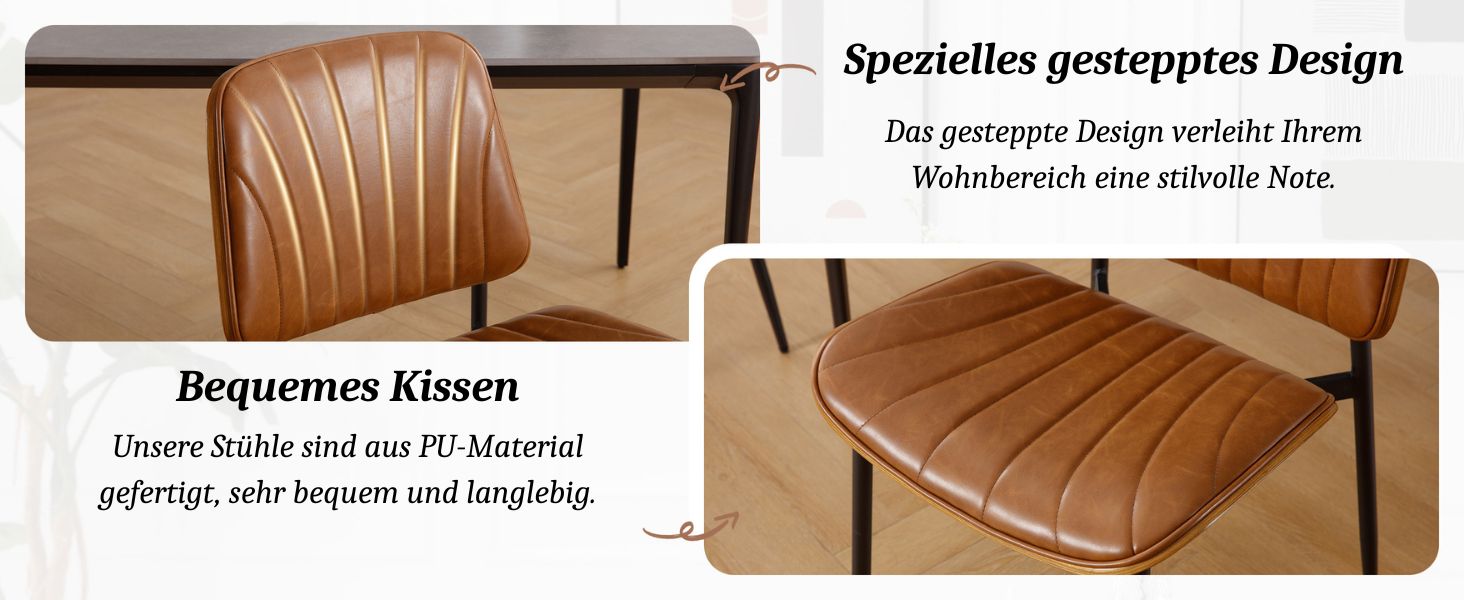 Esszimmerstuhl mit braunem Ledersitz und Rückenlehne. Geripptes Design an Sitz und Rückenlehne. Holzrahmen sichtbar. Zwei Detailbilder zeigen die Kissenstruktur und das komplette Sitzdesign.
