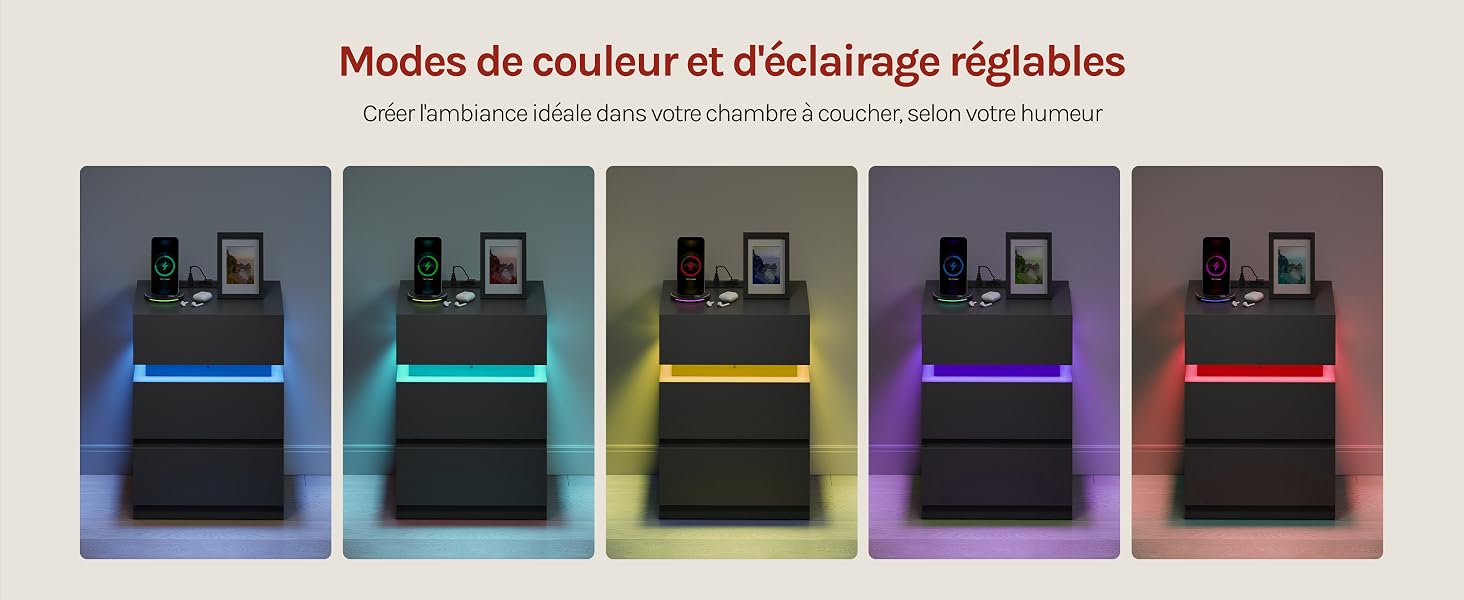 Le texte se lit comme suit : « Modes de couleur et d'éclairage réglables ». Images séquentielles de produits montrant un appareil noir affichant différents effets d'éclairage de couleur allant du bleu au violet.