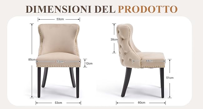 Il testo recita 'DIMENSIONI DEL PRODOTTO'. Schema delle specifiche tecniche che mostra due sedie da pranzo imbottite con tessuto beige e gambe nere viste frontalmente e lateralmente con annotazioni delle misure.
