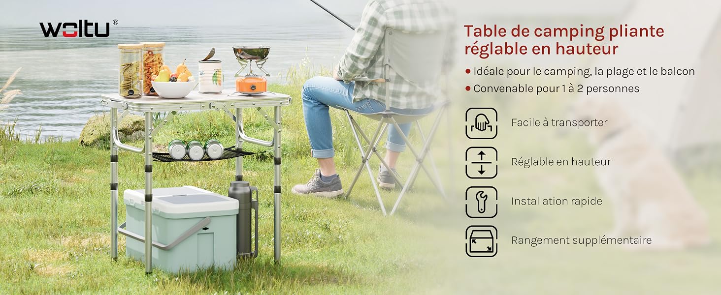 Le texte indique « Table de camping pliante » et « réglable en hauteur ». Table de camping pliante portable présentée en extérieur avec une hauteur réglable et un design facile à transporter.