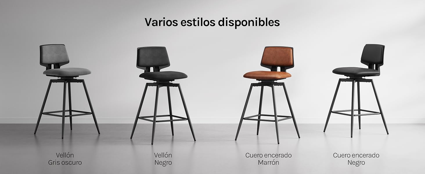 El texto dice «Varios estilos disponibles». Varias vistas de sillas de comedor modernas en diferentes colores, incluidos negro, marrón y gris, que muestran varios ángulos y estilos.