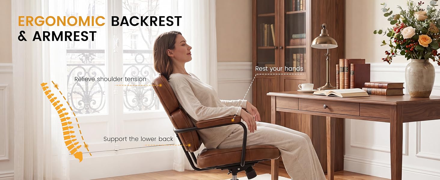 Text reads 'ERGONOMIC BACKREST &amp; ARMREST'. Image shows man sitting in wooden chair at desk with computer in home office setting.