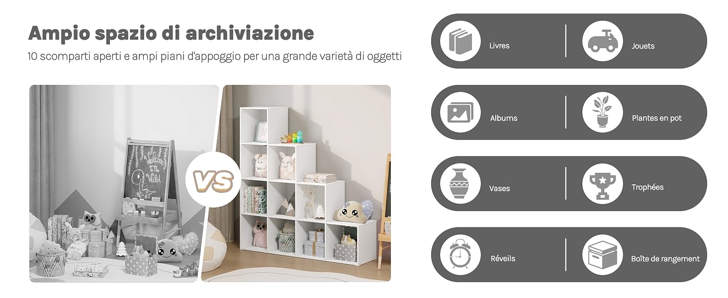 Confronto tra spazi di archiviazione: area ingombra con vari oggetti rispetto a scaffale organizzato a più cubi.