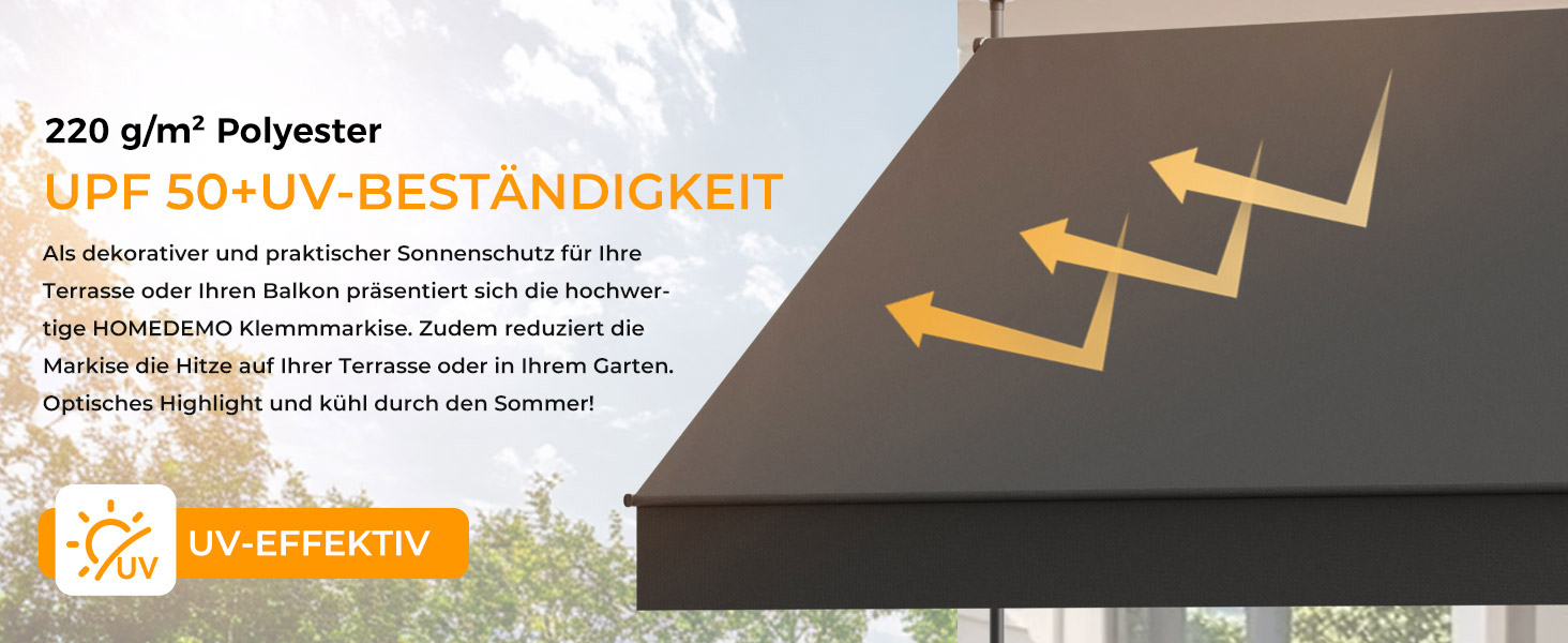 Der Text lautet „220 g/m² Polyester“ und „UPF 50+UV-BESTÄNDIGKEIT“. Das technische Spezifikationsdiagramm zeigt Produktdetails vor dem Hintergrund der Natur.
