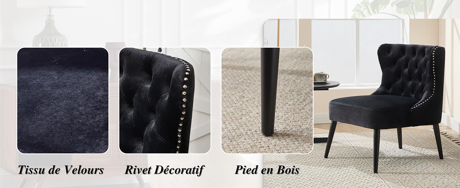 Le texte se lit comme suit : « Tissu de Velours », « Rivet Décoratif », « Pied en Bois ». Fauteuil d'appoint capitonné noir avec revêtement en velours et pieds en bois présentés en parties.