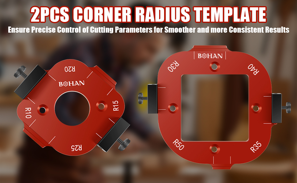 Two red corner radius templates for woodworking or metalworking. Circular and rectangular shapes with various curve sizes marked. Product ensures precise control of cutting parameters.