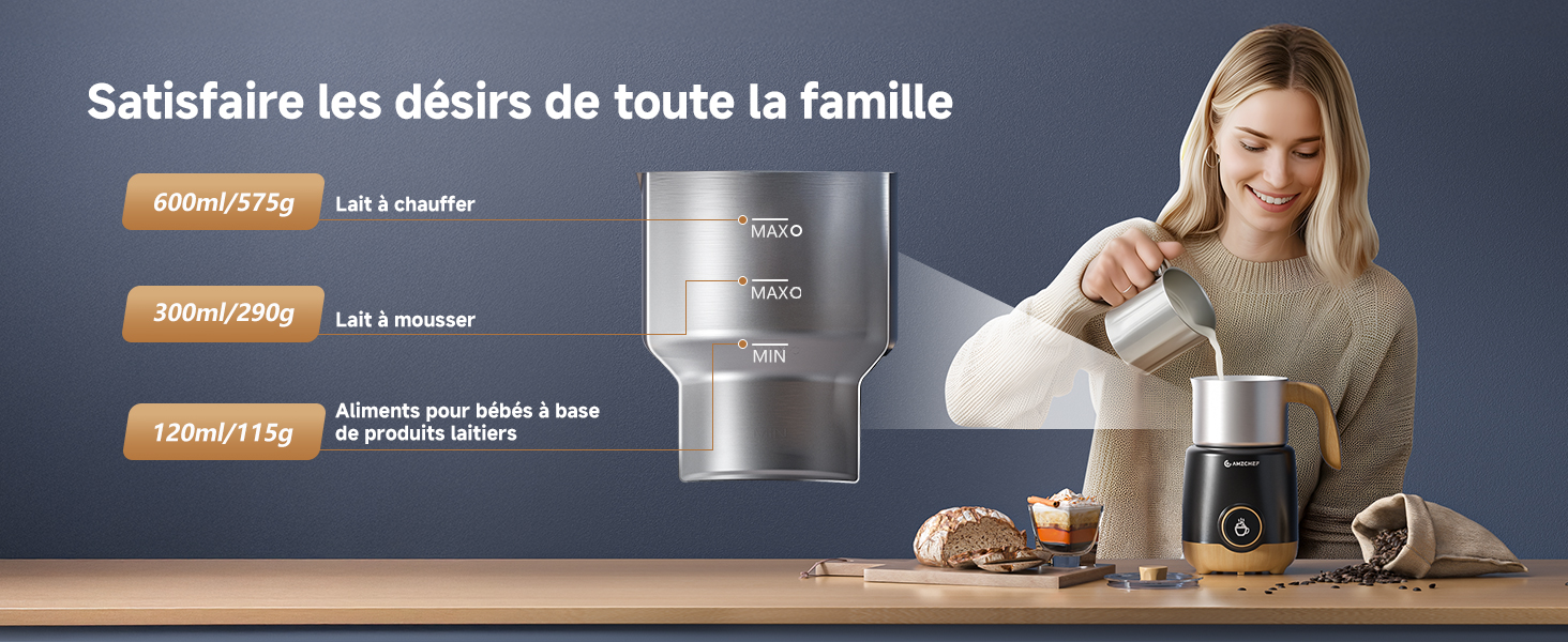 Le texte se lit comme suit : « Ssatisfaire les désirs de toute la famille ». Publicité sur les appareils de cuisine montrant un robot culinaire ou un mélangeur avec un récipient en acier inoxydable en cours d'utilisation.