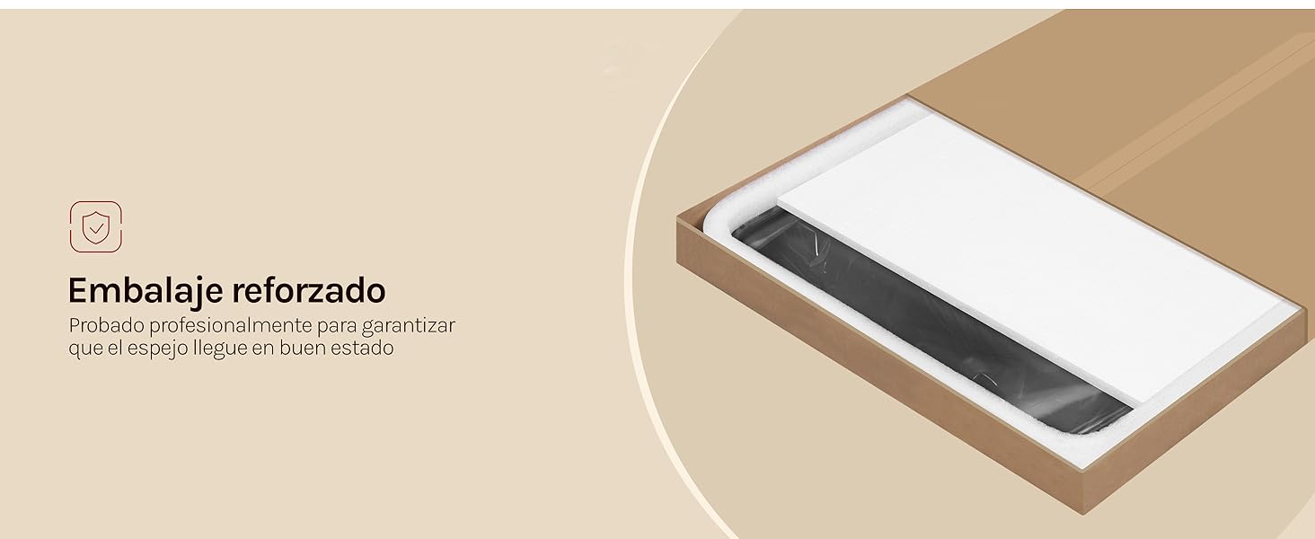 El texto dice «Embalaje reforzado» y el texto parcial más abajo. El smartphone se muestra en una superficie de color beige/tostado que muestra la presentación y protección del embalaje del producto.