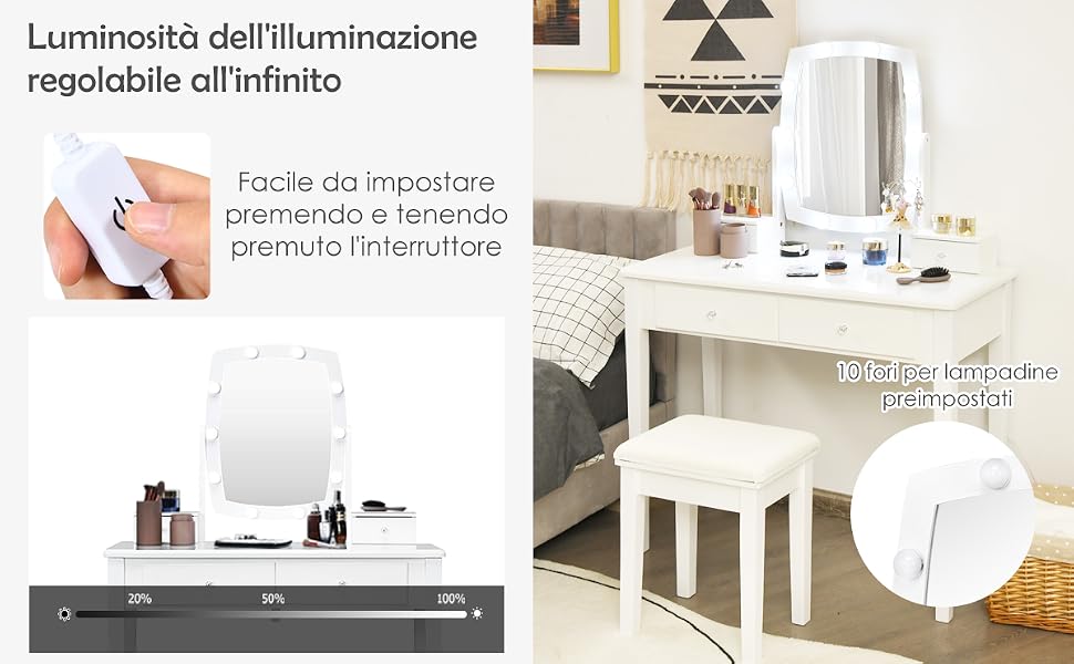 Set di scrivania da trucco con specchio illuminato e sgabello, tavolo da toeletta con cassetti per mobili per camera da letto, toeletta da donna