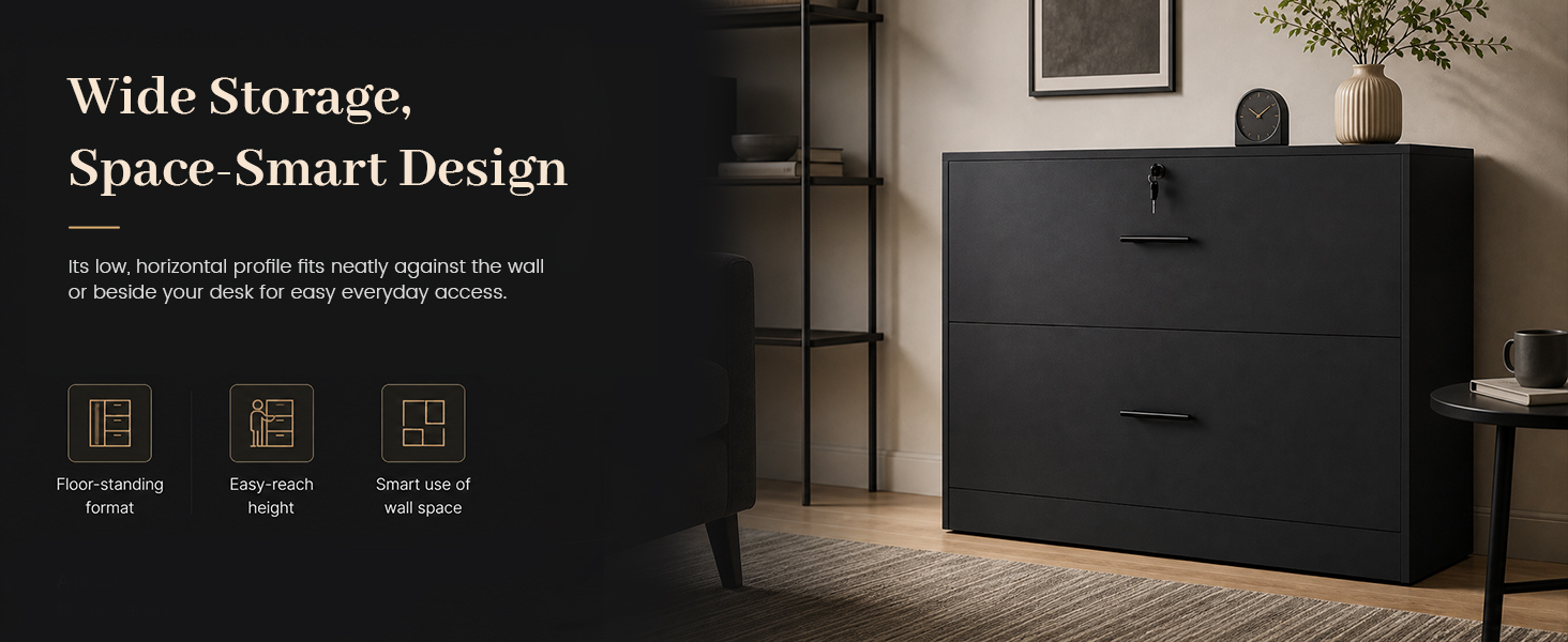 Le texte indique « Stockage étendu ». Space-Smart Design' avec un texte descriptif ci-dessous. Chambre moderne sombre avec une commode et des meubles noirs sur des murs gris, des photographies de produits de style de vie.