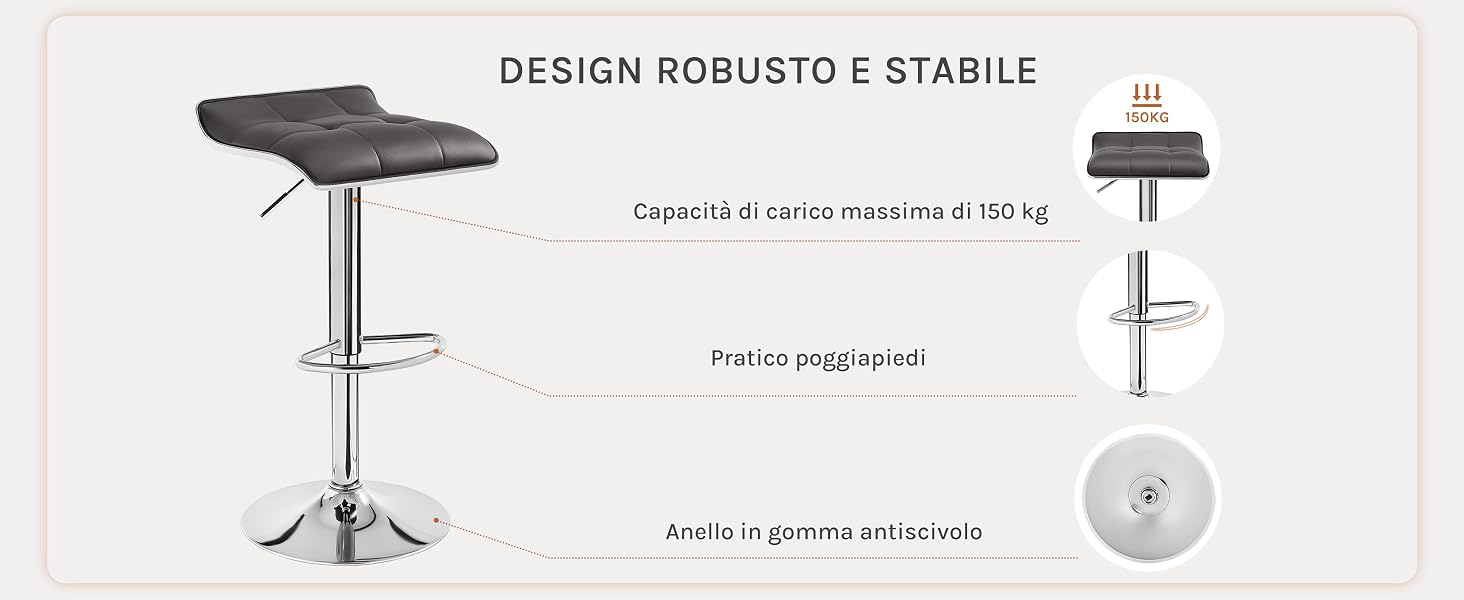 Sgabello da bar regolabile con seduta imbottita nera, base cromata e poggiapiedi. Il diagramma evidenzia il design stabile, la capacità di peso di 150 kg e la base in gomma antiscivolo